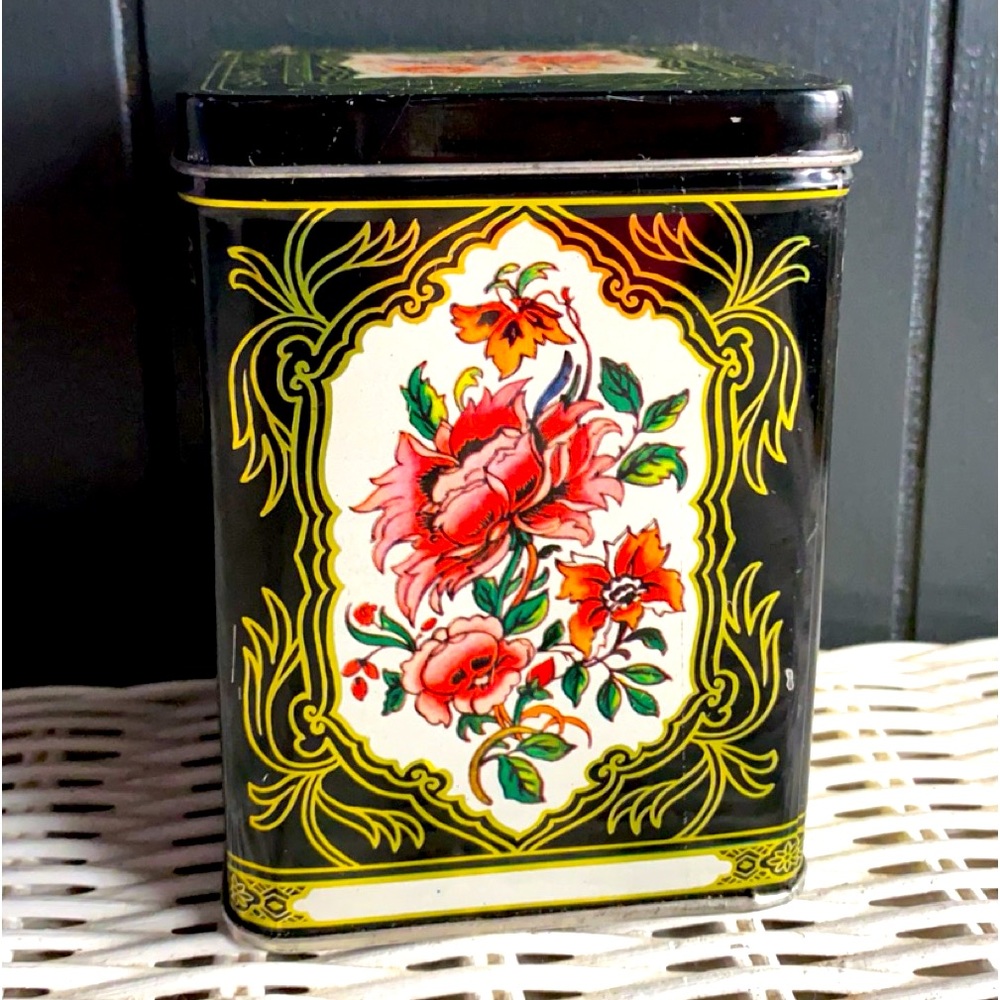 Vtg kitchen black/gold peacock floral candy tin